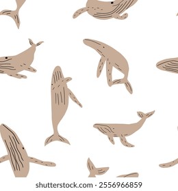 childish seamless pattern with whales in scandinavian style. Ocean animals. Pattern for kids with whales.