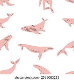 childish seamless pattern with whales in scandinavian style. Ocean animals. Pattern for kids with whales.