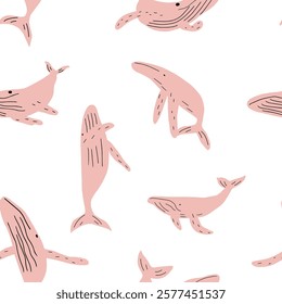 childish seamless pattern with whales in scandinavian style. Ocean animals. Pattern for kids with whales.