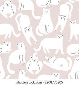 Childish seamless pattern with white cats on a pink background. Vector illustration with domestic pets. It can be used for wallpaper, textile, apparel.
