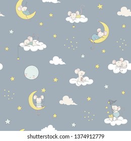 Childish seamless pattern white cute little mouses on the moon. Cartoon vector illustration. Use for print design, surface design, fashion kids wear, baby shower