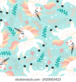 Childish seamless pattern with white unicorns and abstract elements. Vector illustration in doodle style and trendy pastel colors. Background design template for paper, fabric, interior design, cards