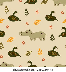 Childish seamless pattern with wildlife animals. Cute Scandinavian style seamless background for kids with funny hand drawn snake hippo leaves and dots. Vector illustration