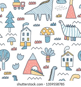 Childish seamless pattern with, buildings, mountain, cars, dinosaurs and tropical plants. Vector texture in childish style great for fabric and textile, wallpapers, backgrounds. Scandinavian style.
