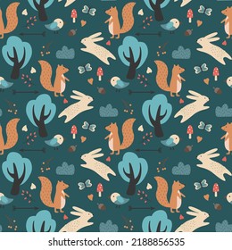 childish seamless pattern with woodland animals scandinavian style