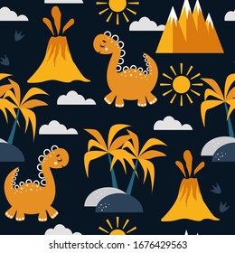 Childish seamless pattern with yellow dinosaurs, a volcano and palm trees on a dark background. Funny cartoon dino seamless pattern. Hand drawn children's pattern for fashion clothes, shirt, fabric.