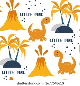 Childish seamless pattern with yellow dinosaurs, a volcano and palm trees on a white background. Funny cartoon dino seamless pattern.  Hand drawn children's pattern for fashion clothes, shirt, fabric.
