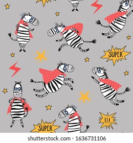 Childish seamless pattern with zebra hero, stars and lightnings on a gray background. Funny kids print. Vector hand drawn illustration.