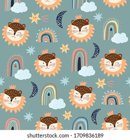 Childish seamless pattern/background with funny lion and rainbows