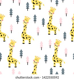 Childish seamless patterns with cute giraffe and tree. 
