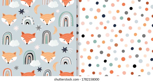 Childish seamless patterns set with animals, rainbows and dots, pastel colors