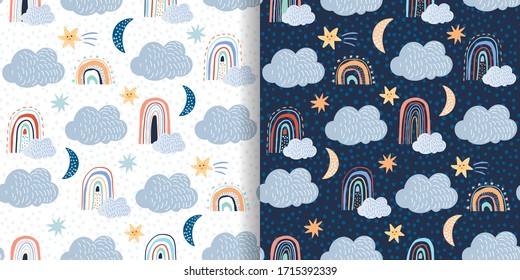 Childish seamless patterns set with clouds, white and dark background
