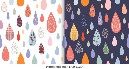 Childish seamless patterns set with colorful rain drops