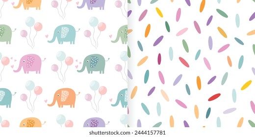 Childish seamless patterns set with cute colorful elephants,  kids room background, decorative design