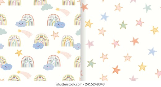 Childish seamless patterns set with rainbows, clouds and stars, decorative wallpapers