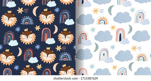 Childish seamless patterns set with two different cute design, lion, clouds and rainbows