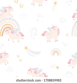Childish seamless pink unicorns pattern. Creative kids texture for fabric, wrapping, textile, wallpaper, apparel. Vector hand drawn illustration. 