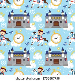 Childish seamless prince and castle. Creative kids texture for fabric, wrapping, textile, wallpaper, apparel. Vector hand drawn illustration. 