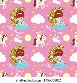 Princesa sin costura y patrón de conejito. Textura infantil creativa para tela, envoltura, textil, papel pintado, vestimenta. Ilustración dibujada a mano por vectores. 