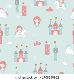 Childish seamless princess and unicorns pattern. Creative kids texture for fabric, wrapping, textile, wallpaper, apparel. Vector hand drawn illustration. 