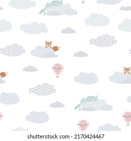 Childish seamless print. Cute animals among the clouds. Pattern of clouds and balloons in the sky. Pastel shades. Vector illustration