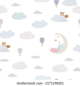 Childish seamless print. Cute animals among the clouds. Pattern of clouds and balloons in the sky. Pastel shades. Vector illustration