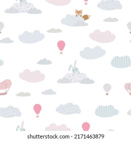 Childish seamless print. Cute animals among the clouds. Pattern of clouds and balloons in the sky. Pastel shades. Vector illustration
