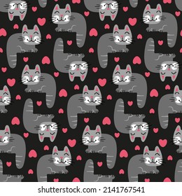 Childish seamless print with gray cats on black background. Cute sleeping domestic cats smile at kids. Animals texture for nursery wallpaper design. Infant patter with pets - kittens for boys, girls.