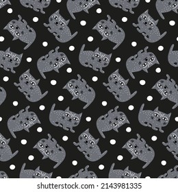 Childish seamless print with gray cats. Pattern with gray kittens, white polka dot on black background. Monochrome texture for children's outerwear fabrics. Hand drawn cute pets. Cartoon kind animals.