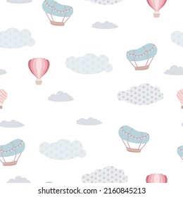 Childish seamless print. Pattern of clouds and balloons in the sky. Pastel shades. Derezhables and balloons with a travel basket. Vector illustration
