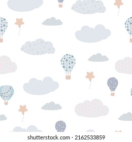 Childish seamless print. Pattern of clouds and balloons in the sky. Pastel shades. Derezhables and balloons with a travel basket. Vector illustration