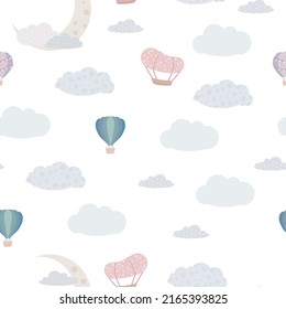 Childish seamless print. Pattern of clouds and balloons in the sky. Pastel shades. Derezhables and balloons with a travel basket. Vector illustration