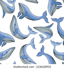 Childish seamless repeating simple flat pattern with whales on a white background. Pattern for kids with whales. 