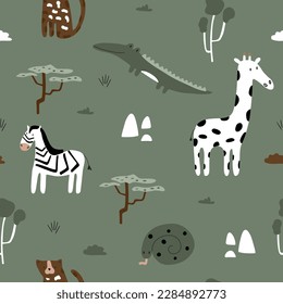 Childish seamless safari vector illustration with crocodile, leopard, giraffe and zebra surrounded by tropical plants for your design.