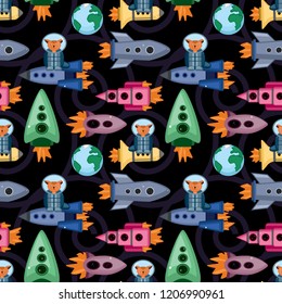 Childish seamless space pattern with astronaut and cat, rockets and stars