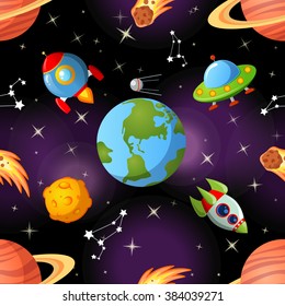 Childish seamless space pattern with Earth, saturn, UFO, rockets moon and stars