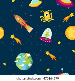 Childish seamless space pattern with Earth, saturn, UFO, rockets moon and stars