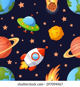 Childish seamless space pattern with planets, UFO, rockets and stars. 