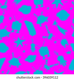 Childish seamless space pattern with planets, UFO, rockets and stars.