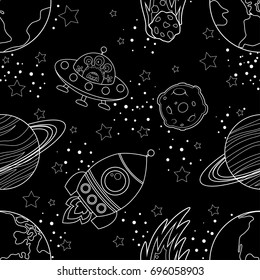 Childish seamless space pattern with planets, UFO, rockets and stars. White silhouette on black background