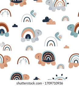 Childish seamless turtle rainbow pattern . Creative vector baby background for fabric, textile, nursery wallpaper. Vector illustration background.