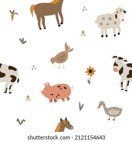 Childish seamless vector illustration with pets on a white background. Pattern of farm animals for fabric, children's room decoration, wrapping paper.