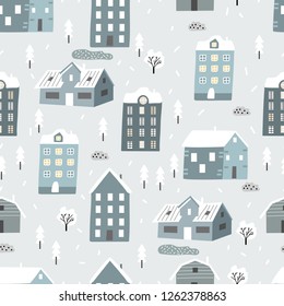 Childish seamless vector pattern with buildings, trees and other elements. Scandinavian style.