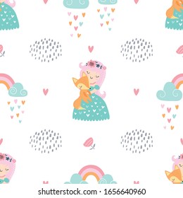 Childish seamless vector pattern with cute little fairy and baby fox in Scandinavian style. Creative vector childish background for fabric, textile.