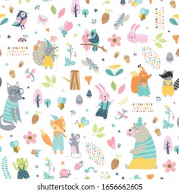 Childish seamless vector pattern with cute woodland animals in cartoon style. Creative vector childish background for fabric, textile.