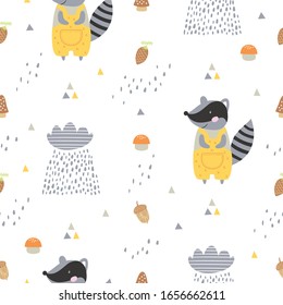 Childish seamless vector pattern with cute badger and other elements in Scandinavian style. Creative vector childish background for fabric, textile.