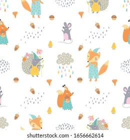 Childish seamless vector pattern with cute fox, hedgehog and mouse in Scandinavian style. Creative vector childish background for fabric, textile.