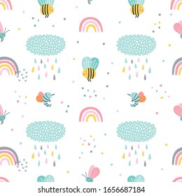 Childish seamless vector pattern with cute clouds, rainbows, insects, bee and moth in Scandinavian style. Creative vector childish background for fabric, textile.