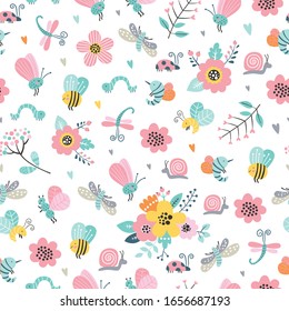 Childish seamless vector pattern with cute flowers, bee, snail, moth, dragonfly in cartoon style. Creative vector childish background for fabric, textile.