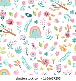 Childish seamless vector pattern with cute flowers, rainbow and floral elements. Creative vector childish background for fabric, textile.